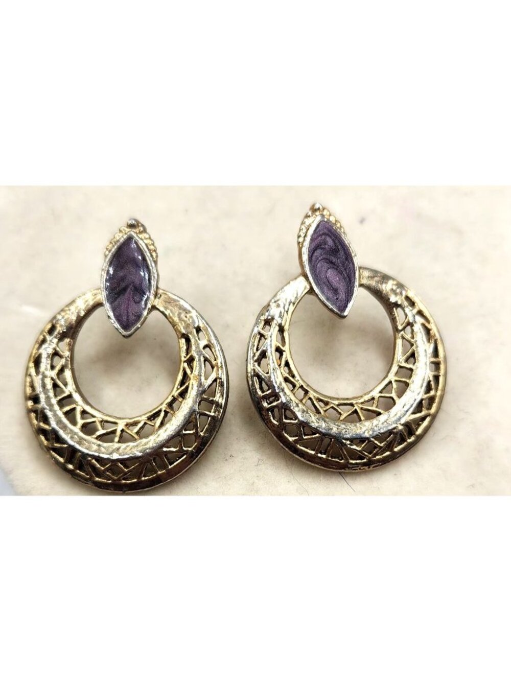 Filigree Gold Tone Hoops Earrings With Purple Tone Enamel Accent